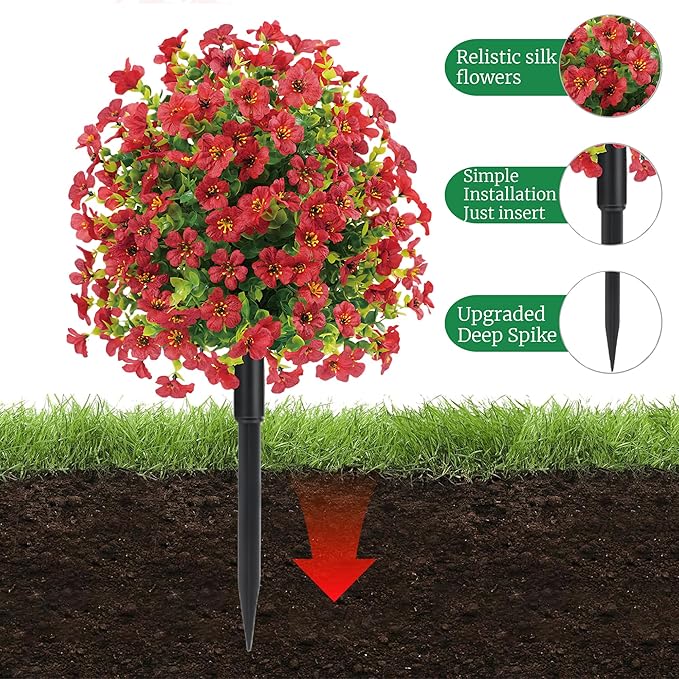 22.8" Set of 2 Fall Artificial Boxwood Topiary Ball with Spikes,UV Resistant Fake Outdoor shrubs with Violet Flowers, Realistic Faux Plants Bushes for Garden Front Porch Yard Patio Decor(Red)