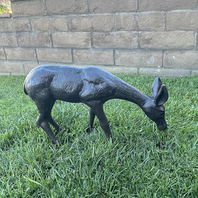 Cast Iron Deer Sculpture（11.4" Tall）, Realistic Lawn Garden Decor Statue, Lifelike Grazing Deer Figure, Outdoor/Indoor Decorative Art, Metal Animal Ornament HC3672
