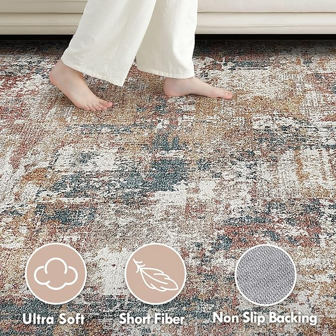 Tortania Washable 6' Round Area Rug for Living Room: Modern Abstract Neutral Large So' Thin Rugs - Non Slip Indoor Carpet for Bedroom Dining Room Office Nursery Home Floor Decoration - Colorful Multi