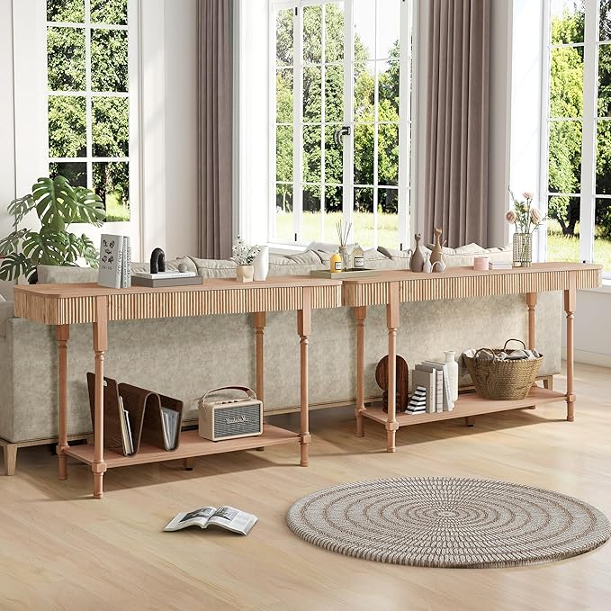 63” Console Table with 2 Drawers, Retro Entryway Table with Fluted Panel & Storage Shelf, Narrow Long Behind Couch Tables Accent Sofa Table with Solid Wood Legs for Living Room Foyer Hallway(Natural)