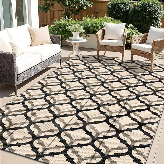 OLANLY Reversible Outdoor Rug 5x8 ft Clearance, Waterproof Outdoor Plastic Straw Rug with Interlacing Pattern, RV Mat for Patio, Camping, Balcony, Deck, Backyard, Black & Beige