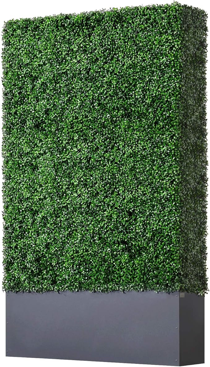AGPL Upgraded Artificial Boxwood Hedge Wall with Dark Gray Stainless Steel Planter Box (79" Height 48" Width 12" Deep) Room Divider and Privacy Wall (79)