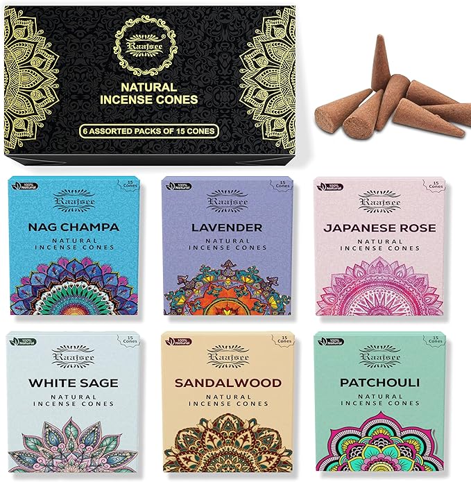 Raajsee Natural Incense Cones,6 Pack Mixed Scents Gift Pack 15 pc Each (90 Total), Insense Cones Variety Pack, 100% Organic Non Toxic Natural - Hand Rolled Free from Chemicals (Pack 1)