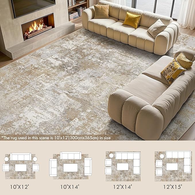 Washable 12x15 Area Rug for Living Room: Modern Abstract Neutral Large Soft Thin Rugs - Non Slip Indoor Carpet for Bedroom Dining Room Office Nursery Home Decor Floor Decoration - Brown Grey