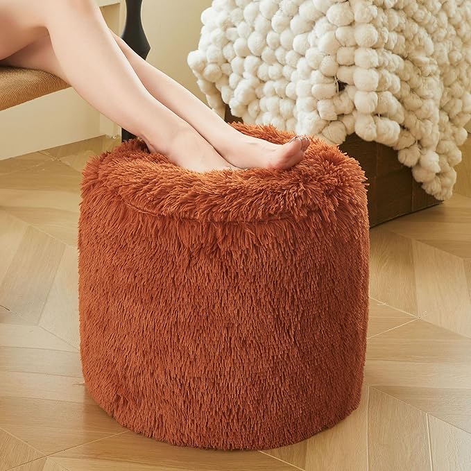 XeGe Fluffy Faux Fur Inflatable Pouf Ottoman, Soft Fuzzy Foot Stool, Plush Furry Foot Rest Floor Pouf Anti-Slip for Kids Girls Adult, Cute Foldable Round Ottoman Cushion Living Room, Burnt Orange