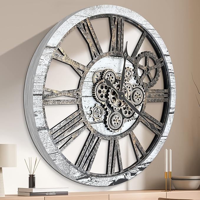 HOIBAI Large Wall Clock Clocks for Living Room Decor Oversized 30 Inch Wall Decor Farmhouse Vintage Rustic Industrial Roman Big Chic Home Decor Wall Clock for House Bedroom, Moving Gears Clock
