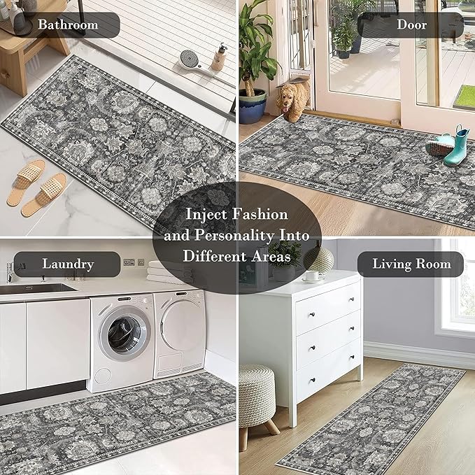 RUGSURE Washable Area Rugs - Perfect for Living Room, Bedroom, Kids Room, Nursery - Stain & Water Resistant Non-Slip, Pet & Child Friendly, Vintage Tribal Area Rugs (Grey, 2'6'' x 8')