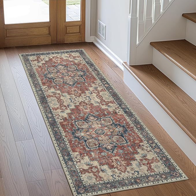 GENIMO 2x10 Runner Rugs for Hallway, Machine Washable Non Slip Vintage Rugs, Low Pile Lightweight Soft Print Rug for enrtyway, Corridor, Home Office, Kitchen, Bordeaux