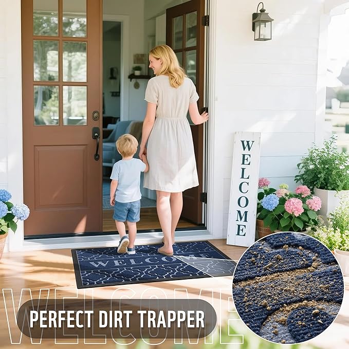 Yimobra Welcome Mat Outdoor Indoor, All-Season Waterproof Front Door Mat Outside Entrance, All-Weather Heavy Duty Non-Slip Doormat, Low Profile Porch Patio Entrance Mats, 36x24, Blue