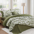 King Comforter Set -7 Pieces Olive Green Floral Comforter Set for All Seasons, Bed in a Bag King with Botanical Flowers Comforter, Sheets, Pillowcases & Shams