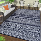 GAOMON Outdoor Rug Waterproof 8'x10', Reversible Outdoor Plastic Straw Rug, Boho Patio Rug, Indoor Outdoor Carpet, RV Mat Outside for Patio, Camp, Picnic, Balcony, Deck, Dark Blue/White(Bohemia)