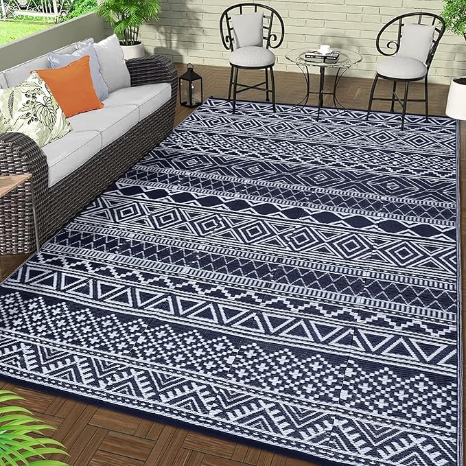 GAOMON Outdoor Rug Waterproof 8'x10', Reversible Outdoor Plastic Straw Rug, Boho Patio Rug, Indoor Outdoor Carpet, RV Mat Outside for Patio, Camp, Picnic, Balcony, Deck, Dark Blue/White(Bohemia)