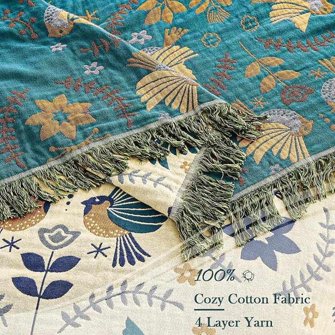 Boho Throw Blanket, 100% Cotton Ultra Soft Luxury Throw Rustic Quilt, 90"x98" Floral Printed Farmhouse Decor Bed Summer Blankets, All Season Rustic Reversible Bohemian Throw for Bed - Blue