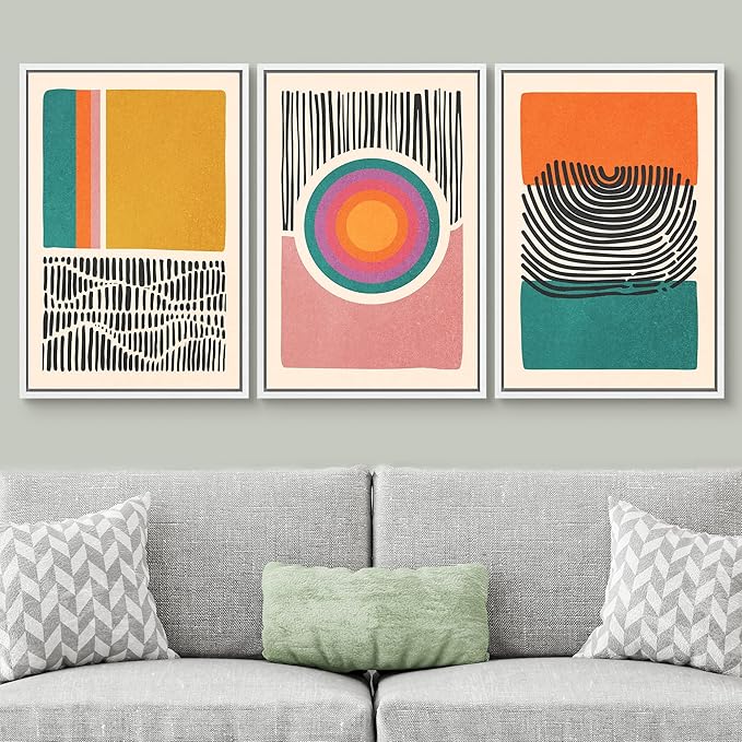 SIGNWIN Framed Canvas Print Wall Art Set Mid-Century Multicolor Color Block Shape Abstract Geometric Illustrations Graffiti & Street Art Modern Art for Living Room, Bedroom, Office - 16"x24"x3 White