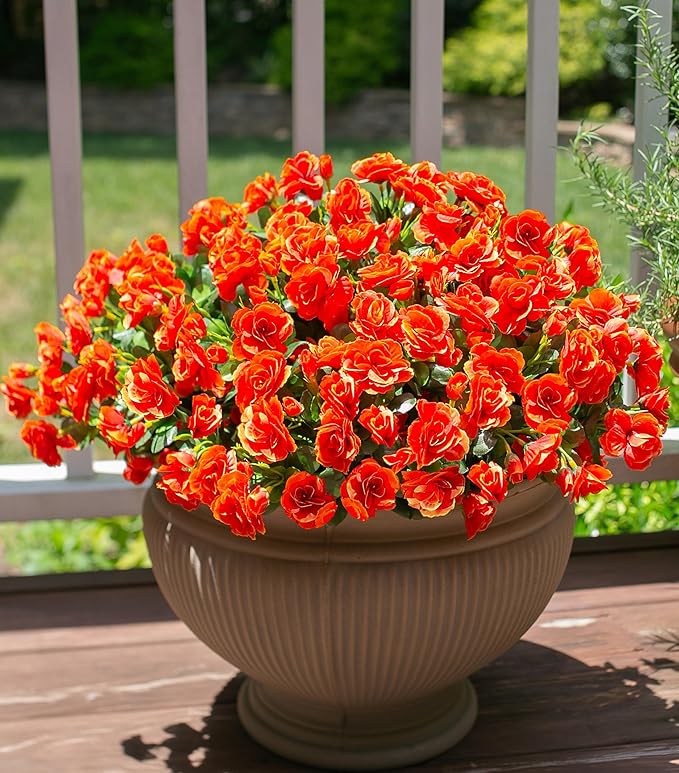 Ivydale Artificial Faux Fall Flowers Plants for Outdoor Outside, Fake Silk Orange Camellia UV Resistant Look Real for Autumn Planter Porch Patio Balcony Garden Yard Decoration, 3 Large Bundles