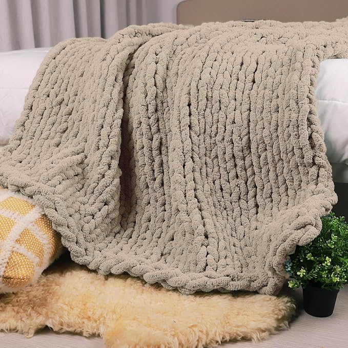 Carriediosa Chunky Knit Throw Blanket 50" X 60", 100% Hand Made Large Chenille Loop Yarn Soft Fluffy Throws for Couch Sofa Bed, Big Crochet Cozy Heavy Thick Cable Woven Blankets, Taupe