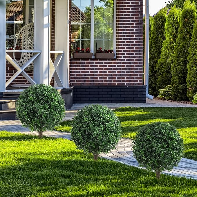 Set of 2 Artificial Boxwood Topiary Ball Trees for Outdoor with Ground Spike 22", UV Resistant Faux Greenery Shrubs, Fake Boxwood Plants for Indoor, Garden, Yard, Porch, Patio Decor