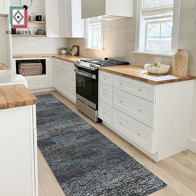 RUGSURE Washable Area Rug - 1/6 Thick - Stain & Water Resistant Non-Slip - Resistant Rug for Living Room, Bedroom, Nursery, Pet & Child Friendly, Vintage Charm Area Rugs (Darkgrey+Bule, 2'6'' x 8')
