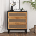 COZAYH Farmhouse 3-Drawer Nightstand, Set of 2 Woven Cane Front Accent Dresser with Brass Pull, Fully-Assembled, Black