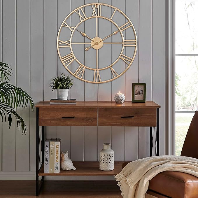 CLXEAST Champagne Gold Metal Wall Clock, Large Roman Numeral 24 Inch Wall Clocks for Living Room Decor,House Warming Gifts New Home