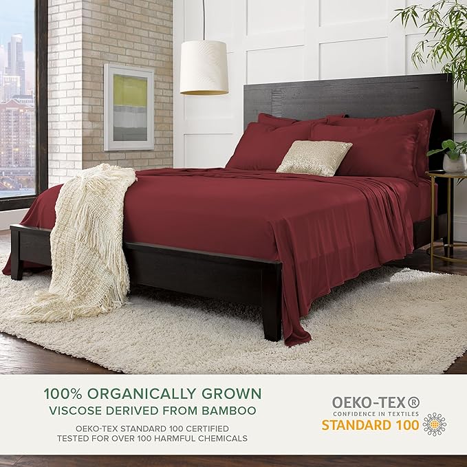 King Sheets by Pure Bamboo, Genuine 100% Organic Viscose Derived from Bamboo Bed Sheet Set, Luxuriously Soft & Cooling, Double Stitching, Lifetime Quality Promise (King, Merlot)