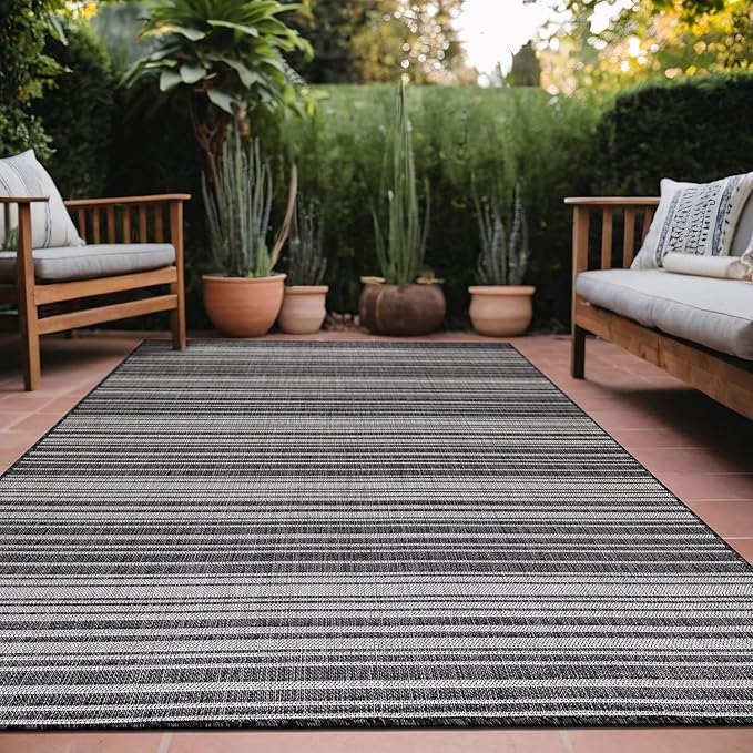 Stripe Outdoor Rug 8x10 Washable Outside Carpet for Indoor Patio Porch Waterproof Easy Cleaning Non Shedding Area Rugs Dark Gray 8 x 10