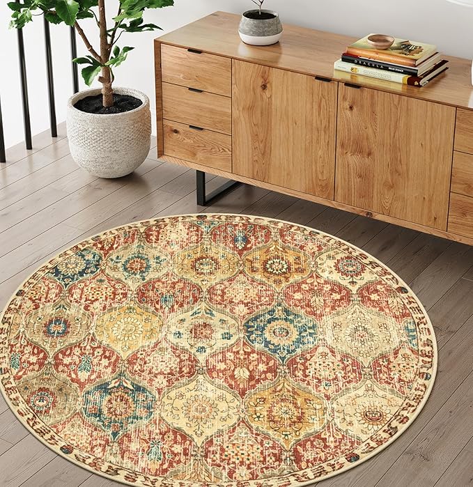 Lahome Moroccan Trellis Round Area Rugs, Washable Small Round Rug 3ft Non-Slip, Soft Vintage Ultra-Thin Circle Carpet for Bedroom Entryway Kitchen Laundry Bathroom, Red/Orange