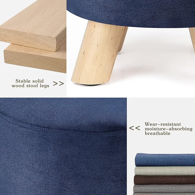 Asense Small Round Ottoman Foot Rest Stool Corduroy Fabric Padded Seat Footstool Ottoman with Anti-Slip Wooden Legs (Navy Blue,Corduroy)