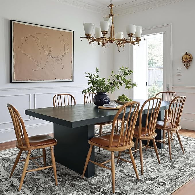 GENIMO Machine Washable 8x10 Area Rugs for Living Room, Non Slip Vintage Rugs, Low Pile Lightweight Chenille Print Rug for Bedroom, Dining Room, Home Office, Deep Gray