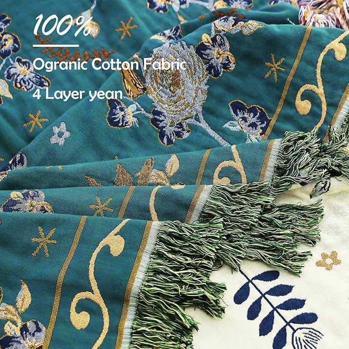 Boho 100% Organic Cotton Large Throw Blanket 50" x 60" - All Season Rustic Ultra Soft Breathable Floral Bird Blanket for Bed Sofa Couch Chair Bedspread Quilt Gift-Teal,Beige