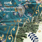 Boho 100% Organic Cotton Large Throw Blanket 50" x 60" - All Season Rustic Ultra Soft Breathable Floral Bird Blanket for Bed Sofa Couch Chair Bedspread Quilt Gift-Teal,Beige