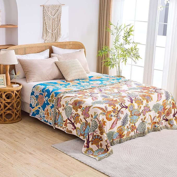 Boho Throw Blanket for Bed, 100% Cotton Soft Rustic Quilt Fall Blanket, 50"x60" Floral Printed Farmhouse Decor Bed Blankets, All Season Rustic Reversible Bohemian Throw Quilt