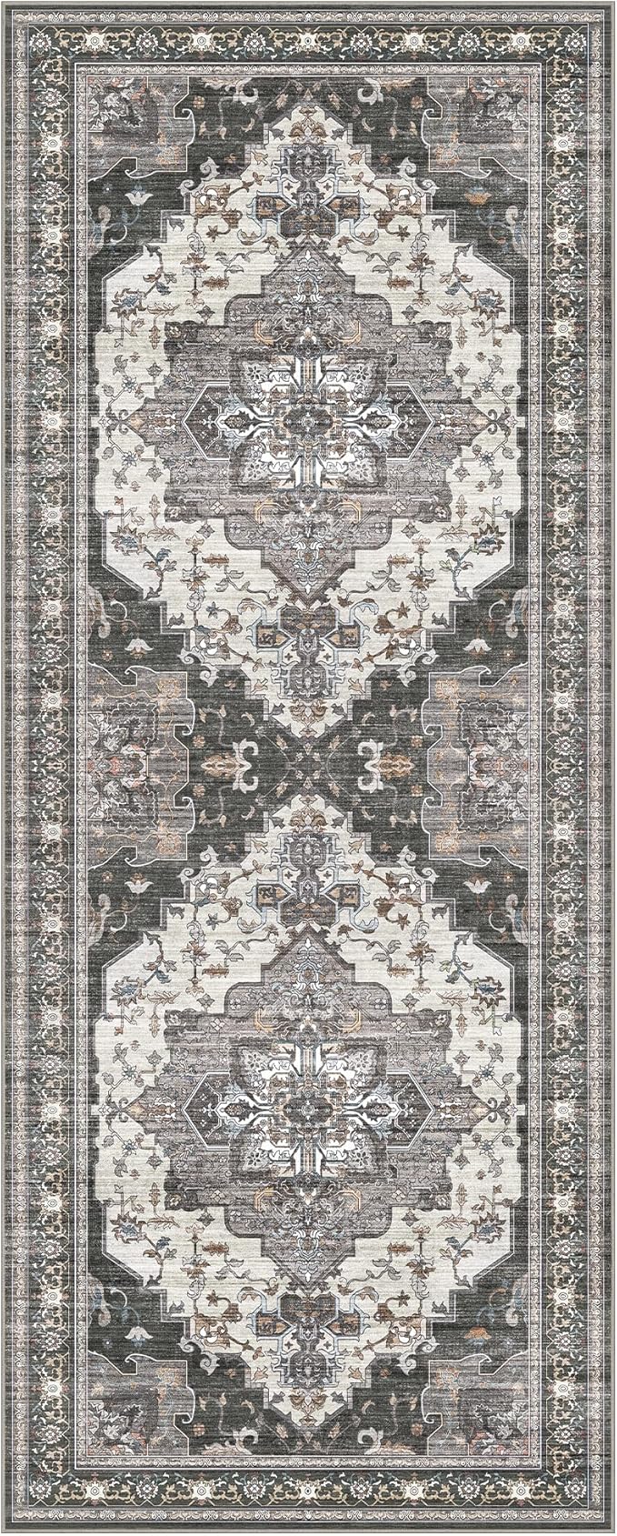 GENIMO 2X5 Hallway Runner Rug, Machine Washable Non Slip Vintage Floral Patchwork Runners, Thin Low Pile Chenille Carpet Runners for Entryway, Kitchen, Bathroom, Bedroom, Slate Gray