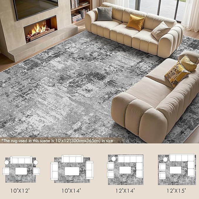 Tortania Washable 10x12 Area Rug for Living Room: Modern Abstract Neutral Large Soft Thin Rugs - Non Slip Indoor Carpet for Bedroom Dining Room Office Nursery Home Floor Decoration - Grey