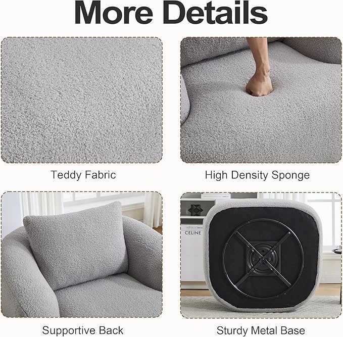 Luxlen Swivel Accent Chair with Pillow for Living Room, Teddy Fleece Upholstered Single Sofa, 360° Rotating Barrel Chair with Metal Base for Bedroom, Office, Apartment - Light Gray