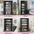 71" Garage Storage Cabinets with Lock, Cabinets with Doors and Shelves, Kitchen Pantry Cabinet, Metal Cabinet for Office, Garage, Shop, School, Assemble Required, Black