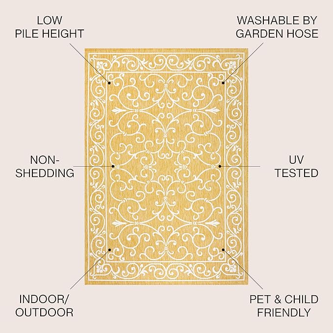 JONATHAN Y Vintage Filigree Indoor Outdoor Square Area Rug 5X5 Yellow/Cream, Charleston Textured Weave for Backyard, Patio, Porch, Easy-Cleaning, High Traffic, Pet-Friendly, Non-Shedding SMB106L-5SQ