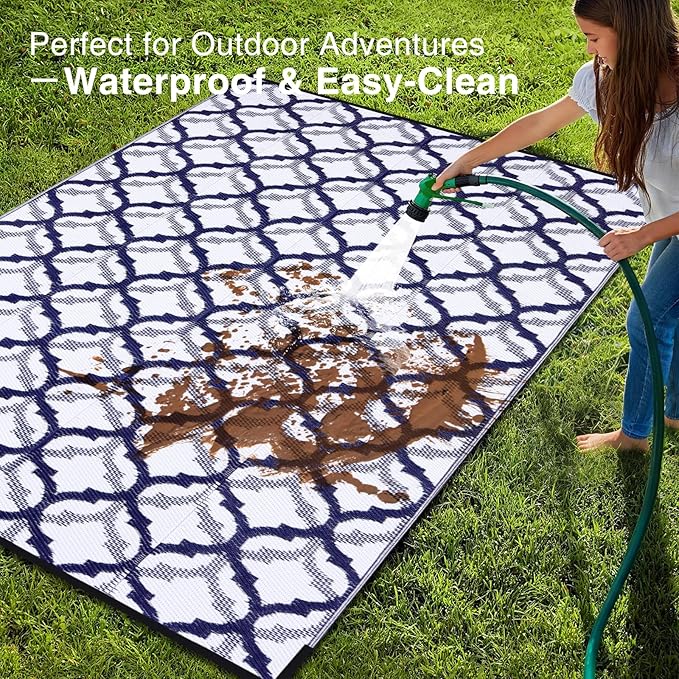 OLANLY Reversible Outdoor Rug 8x10 ft Clearance, Waterproof Outdoor Plastic Straw Rug with Interlacing Pattern, RV Mat for Patio, Camping, Balcony, Deck, Backyard, Navy & White