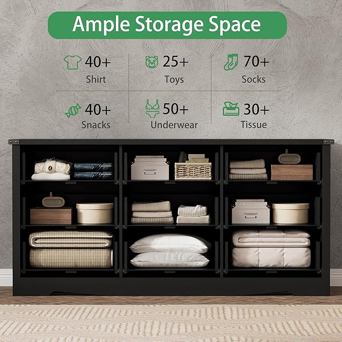 Dresser for Bedroom with 9 Drawers, 59" Wide Modern Chest of Drawers with Deep Drawers & Mental Handle, Wood Dresser TV Stand, Wooden Closet Storage Organizer for Living Room, Hallway, Entryway, Black