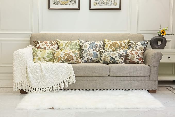 Mika Home Set of 2 Jacquard Tropical Leaf Pattern Oblong Throw Pillow Covers Accent Pillowcase 12X20 Inches,Blue Cream