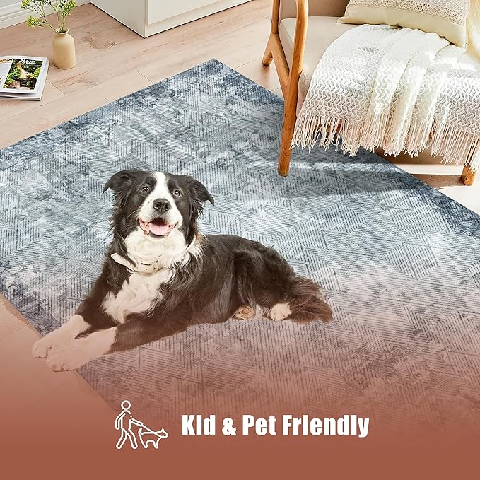 9' x 12' Washable Area Rug - Low Pile Soft Vintage Indoor Rug for Living, Dining or Bedroom - Lightweight Carpet with Non-Slip Backing - Foldable for Easy Placement, Blue