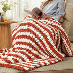 Amélie Home Chunky Knit Throw Blanket for Couch, Soft Chenille Crochet Blanket for Sofa, 50"x60", Burnt Orange & White Striped