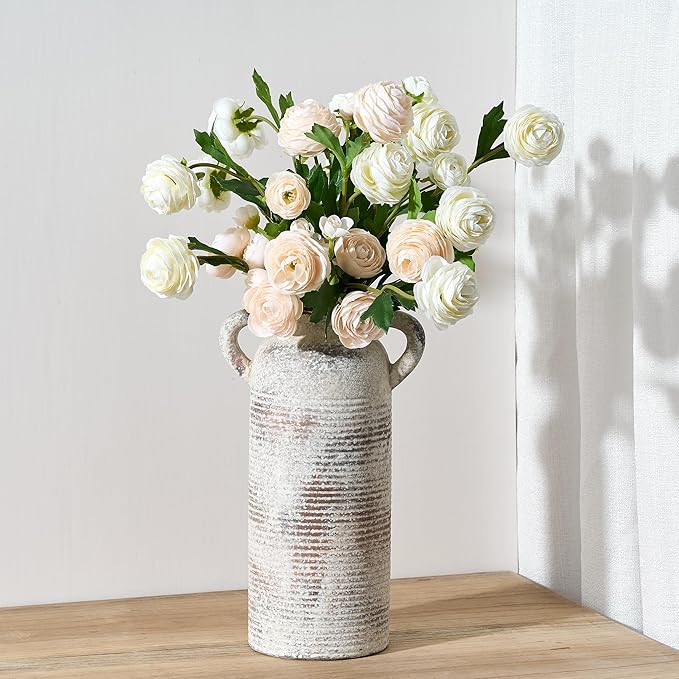 Ceramic Rustic Vase for Home Decor, Terracotta Vase with Handles, Handcrafted Vintage Decorative Flower Vase for Farmhouse, Living Room, Table, Fireplace, Nightstand