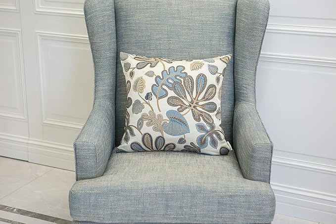 Mika Home Set of 2 Jacquard Tropical Leaf Pattern Throw Pillow Covers Decorative Pillowcase 22X22 Inches,Blue Cream