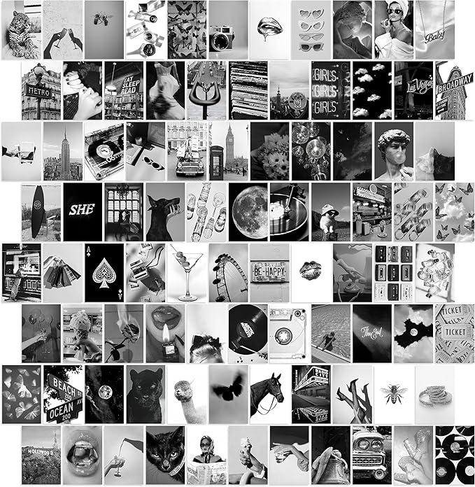 Y2K BOO Black and White Wall Collage Kit - 100 Trendy Monochrome Aesthetic Photos for Sophisticated Spaces, Perfect Room Decor for Teens, 4"x6" Vintage Wall Art for Dorms