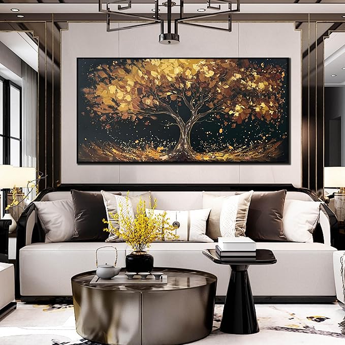 Tree Painting Wall Art for Office - Hand Painted Gold and Black Canvas Wall Art for Living Room - Black Framed Wall Art for Bedroom Size 29" x 59"