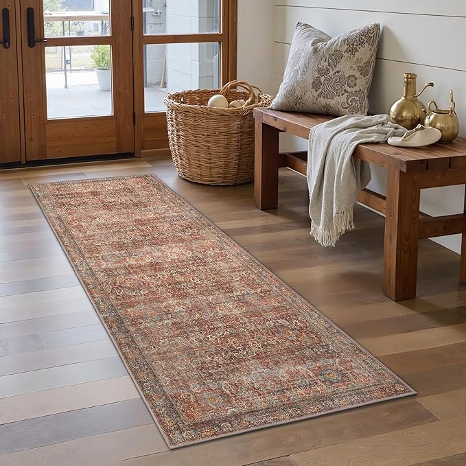 GENIMO 2x5 Runner Rugs for Hallway, Machine Washable Non Slip Vintage Rugs, Low Pile Lightweight Soft Print Rug for enrtyway, Corridor, Home Office, Kitchen, Terracotta Indigo
