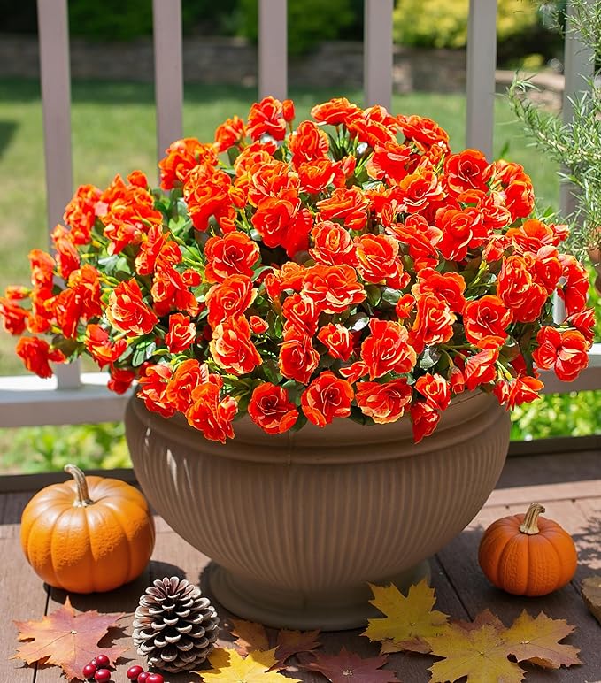 Ivydale Artificial Faux Fall Flowers Plants for Outdoor Outside, Fake Silk Orange Camellia UV Resistant Look Real for Autumn Planter Porch Patio Balcony Garden Yard Decoration, 3 Large Bundles