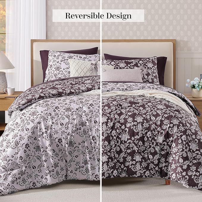 Full Comforter Set -7 Pieces Floral Dark Purple Comforter Set for All Seasons, Bed in a Bag Full with Botanical Flowers Comforter, Sheets, Pillowcases & Shams