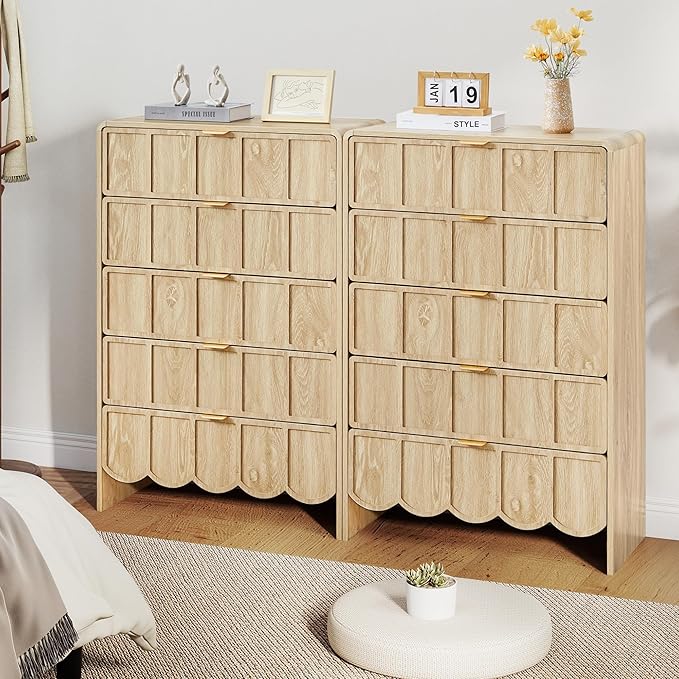 5 Drawer Dresser for Bedroom, Modern Closet Chest of Drawers with Wave Fluted Drawer, Wood Storage Small Dresser Organizer for Nursery Bedroom Living Room Hallway Closet (Natural)